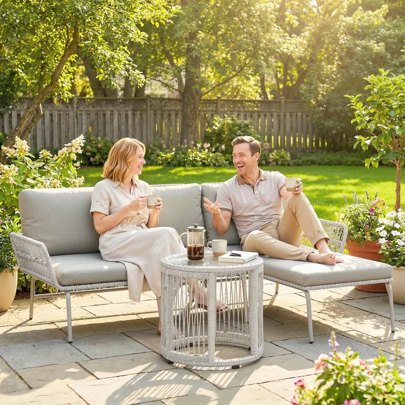 Rattan-Gartenmöbel Set 3-teilig Sonnenliege Zweisitzersofa Couchtisch Kissen | Hellgrau