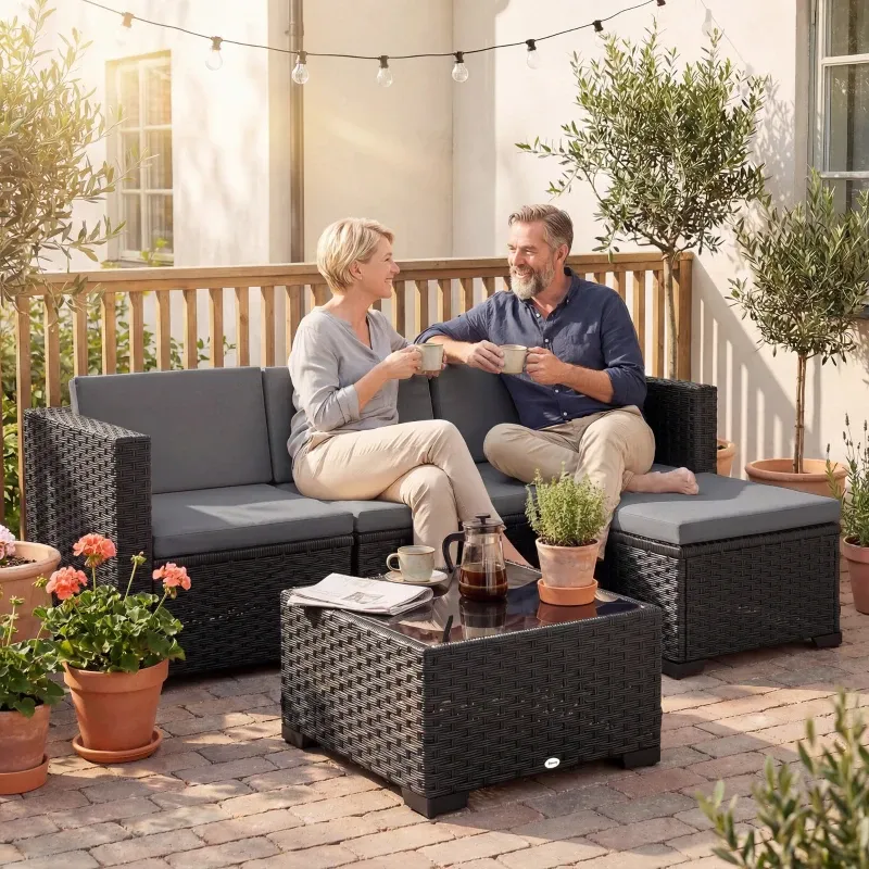 5-teiliges Modulares Rattan-Garten-Set Kissen Ecksofa | Grau