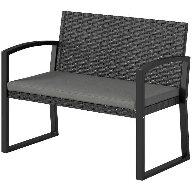 Rattan Gartenbank 2 Personen Outdoor-Bank PE-Geflecht Kissen Stahl | Grau/Schwarz