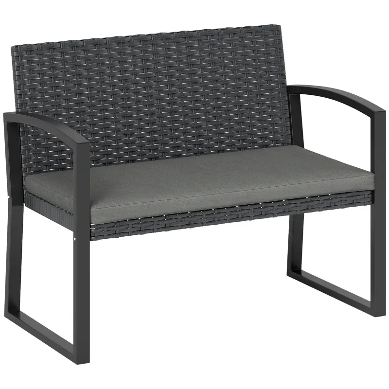 Rattan Gartenbank 2 Personen Outdoor-Bank PE-Geflecht Kissen Stahl | Grau/Schwarz Rattan Gartenbank 2 Personen Outdoor-Bank PE-Geflecht Kissen Stahl | Grau/Schwarz