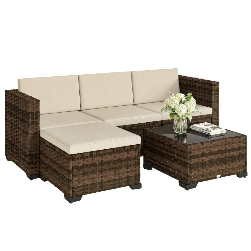 5-teiliges Rattan-Garten-Set Kissen 2 Ecksessel Sessel Fusshocker Tisch | Natur/Khaki 5-teiliges Rattan-Garten-Set Kissen 2 Ecksessel Sessel Fusshocker Tisch | Natur/Khaki