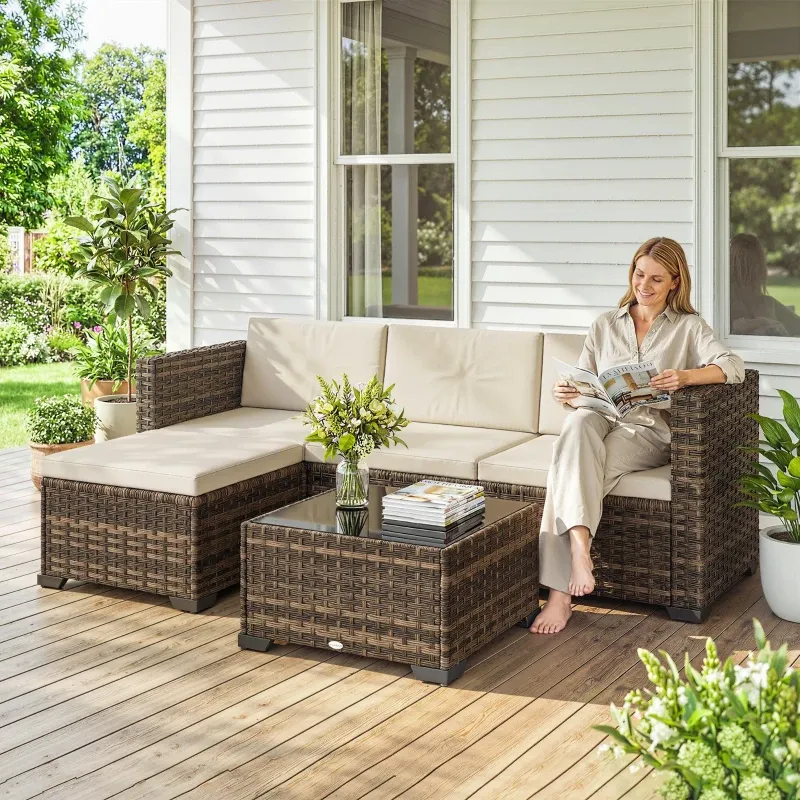 5-teiliges Rattan-Garten-Set Kissen 2 Ecksessel Sessel Fusshocker Tisch | Natur/Khaki