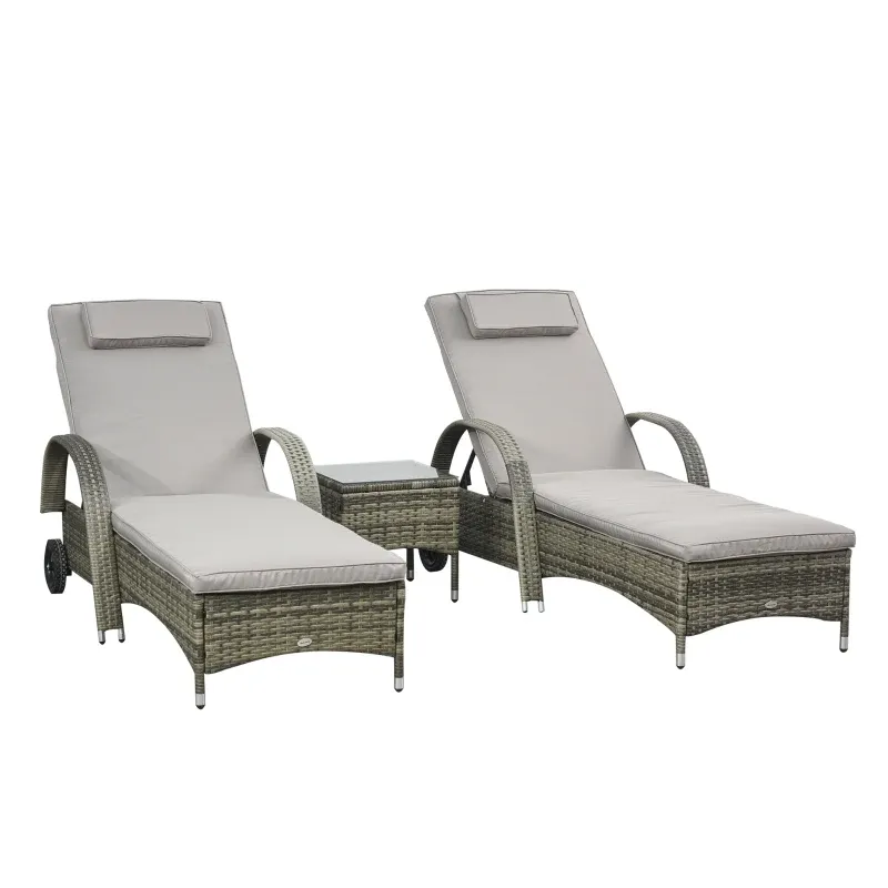Rattan-Set mit 2 Sonnenliegen & Glastisch | Grau Rattan-Set mit 2 Sonnenliegen & Glastisch | Grau