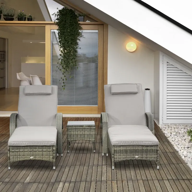 Rattan-Set mit 2 Sonnenliegen & Glastisch | Grau