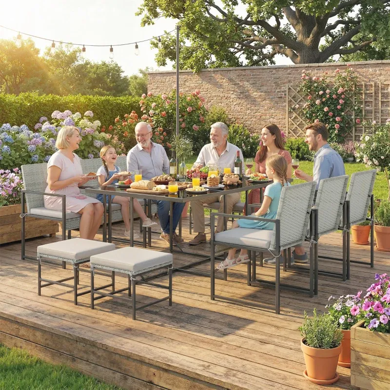 11-teiliges Outdoor-Möbel-Set mit Esstisch für 10 Personen 6 Sessel 4 Hocker | Grau