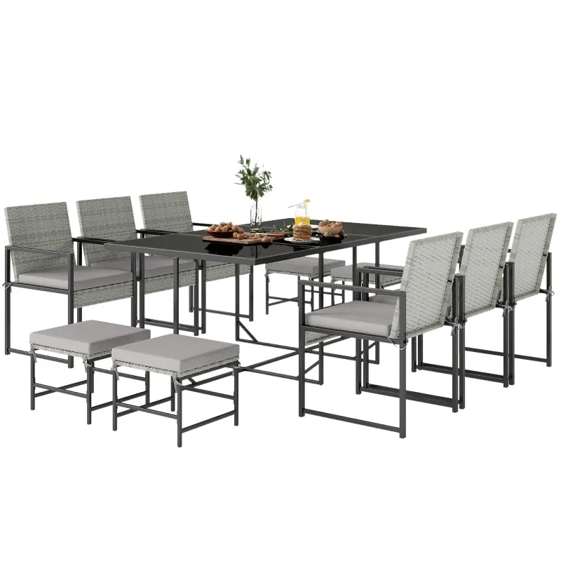 11-teiliges Outdoor-Möbel-Set mit Esstisch für 10 Personen 6 Sessel 4 Hocker | Grau 11-teiliges Outdoor-Möbel-Set mit Esstisch für 10 Personen 6 Sessel 4 Hocker | Grau