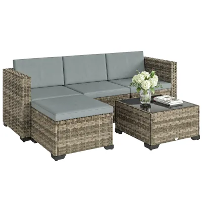 5-teiliges Rattan-Garten-Set Kissen 2 Ecksessel Sessel Fusshocker Tisch | Natur/Hellgrau