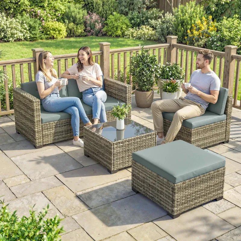 5-teiliges Rattan-Garten-Set Kissen 2 Ecksessel Sessel Fusshocker Tisch | Natur/Hellgrau