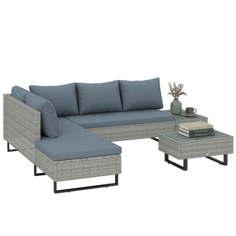 Eck-Gartenlounge Geflecht 5-sitzig Modular Verstellbare Chaiselongue Komposit-Tisch | Grau Eck-Gartenlounge Geflecht 5-sitzig Modular Verstellbare Chaiselongue Komposit-Tisch | Grau