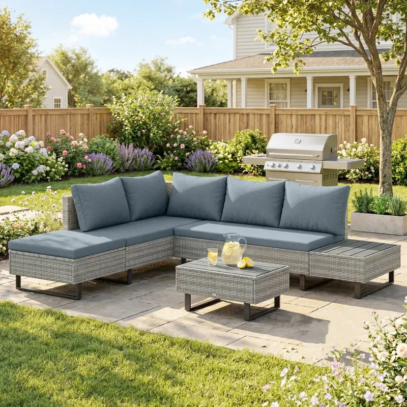 Eck-Gartenlounge Geflecht 5-sitzig Modular Verstellbare Chaiselongue Komposit-Tisch | Grau