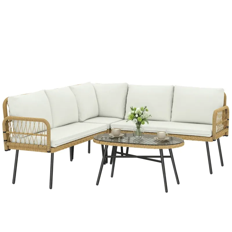 4-teiliges Rattan-Garten-Loungeset L-Form | Natur/Creme 4-teiliges Rattan-Garten-Loungeset L-Form | Natur/Creme