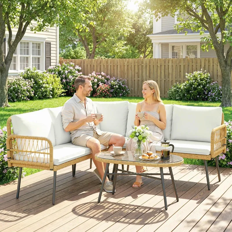4-teiliges Rattan-Garten-Loungeset L-Form | Natur/Creme
