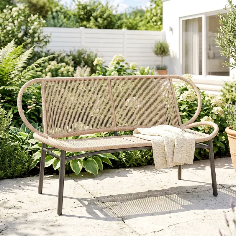2-Sitzer Rattan-Gartenbank Outdoor-Bank Geflochtenes PE Metallgestell | Natur
