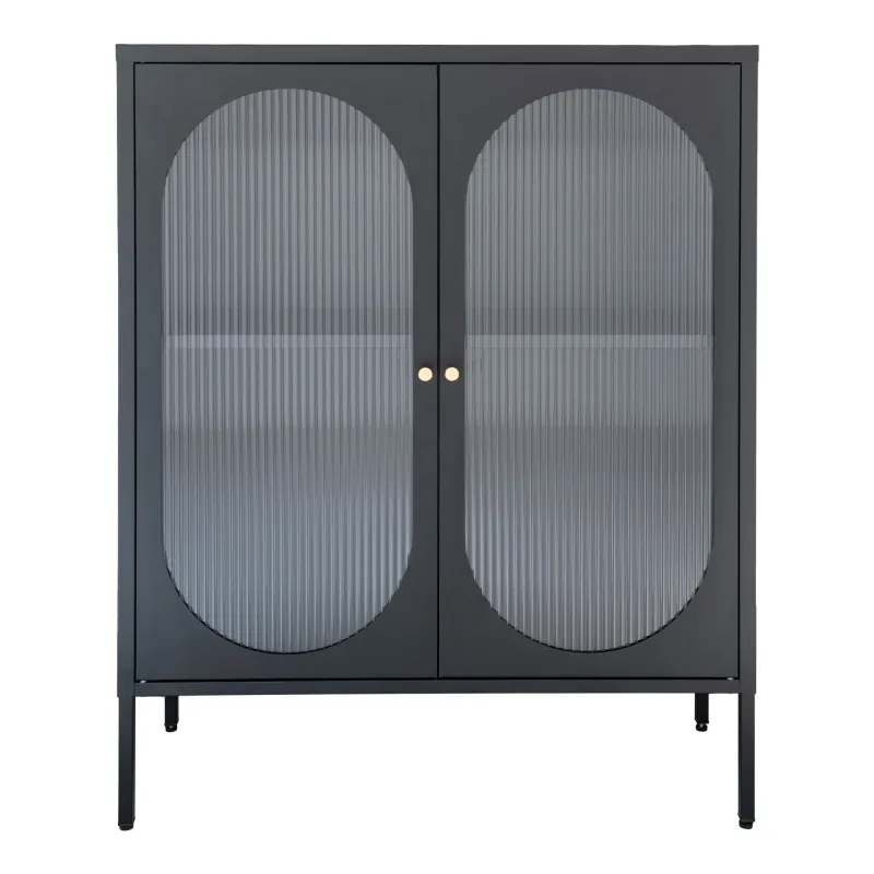 Adelaide-Schrank Vitrine Sideboard 2 Türen Geriffeltes Glas Stahl | Schwarz