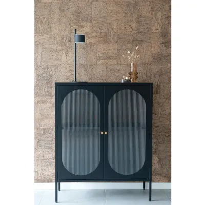 Adelaide-Schrank Vitrine Sideboard 2 Türen Geriffeltes Glas Stahl | Schwarz