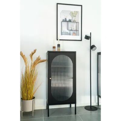 Adelaide Kommode Vitrine 1 Tür Geriffeltes Glas Stahl | Schwarz