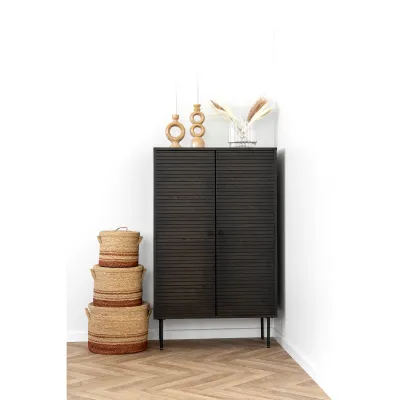 Kyoto Highboard 2 Türen Eichenfurnier Geräuchert Schwarze Metallbeine