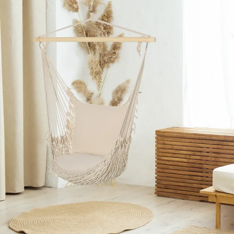 Outdoor Indoor Hängesessel Schaukel Kissen Baumwollgeflecht Belastbar 120kg | Weiss
