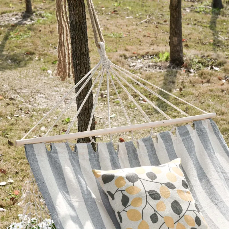 Portable Reise Hängematte Hippie-Chic Baumwolle Polyester | Grau-Weiss Gestreift