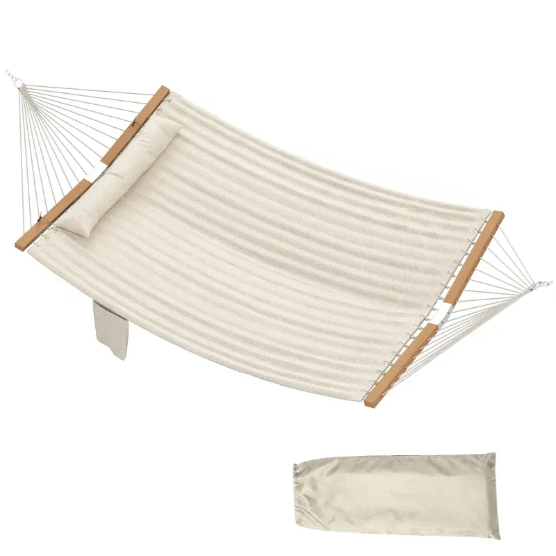 Hängematte Outdoor Zweilagig Kopfstütze Magazintasche Holzstäbe Belastbar 200kg | Creme Hängematte Outdoor Zweilagig Kopfstütze Magazintasche Holzstäbe Belastbar 200kg | Creme