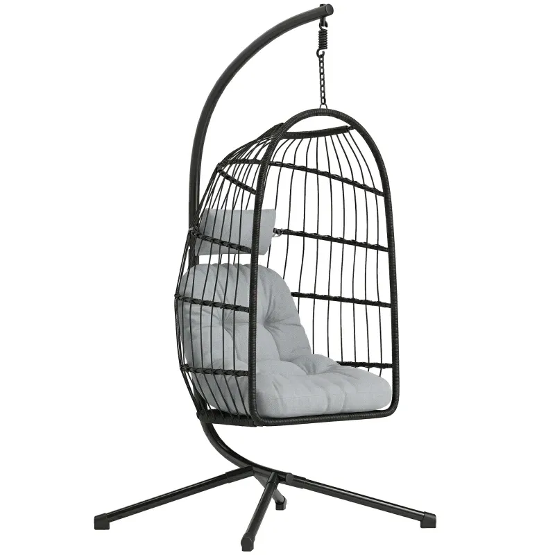Hängesessel Gestell Faltbar Polyrattan Hängekorb Kissen Sicherheitsgurt Kopfstütze Höhenverstellbar | Schwarz/Hellgrau Hängesessel Gestell Faltbar Polyrattan Hängekorb Kissen Sicherheitsgurt Kopfstütze Höhenverstellbar | Schwarz/Hellgrau