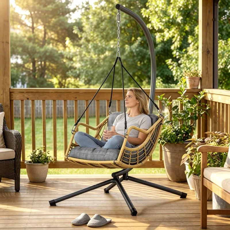 Hängesessel Polyrattan Gestell Hängestuhl Kissen | Grau