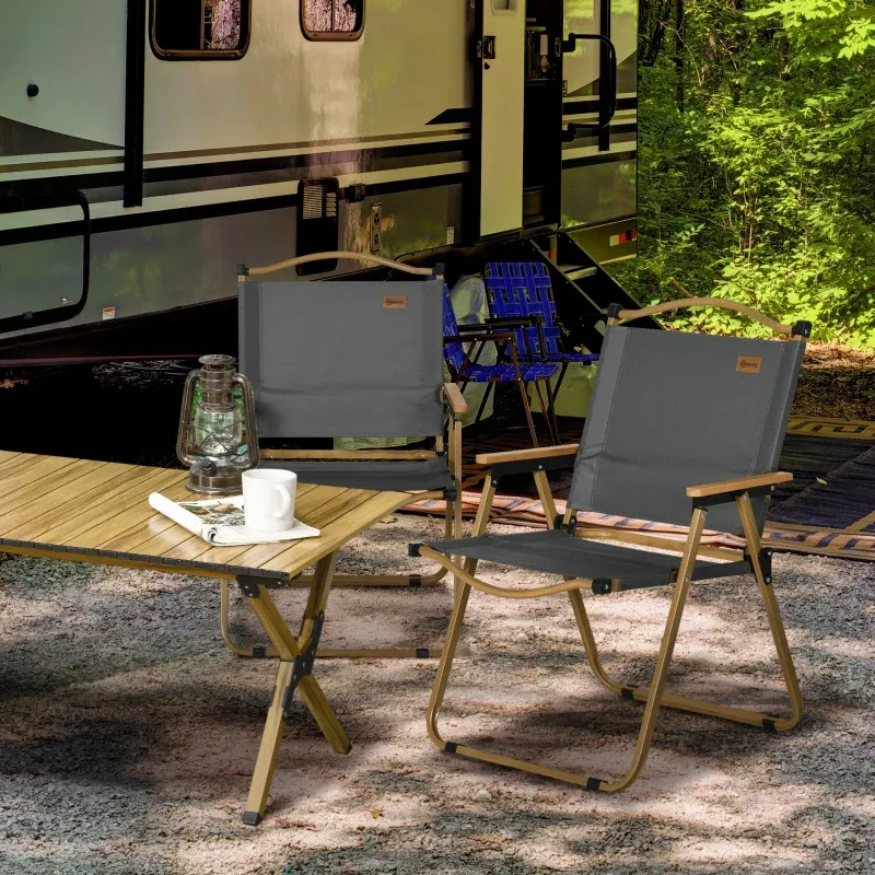 Campingstühle 2er Set Strandstuhl Faltbar Stahl Holzoptik | Dunkelgrau