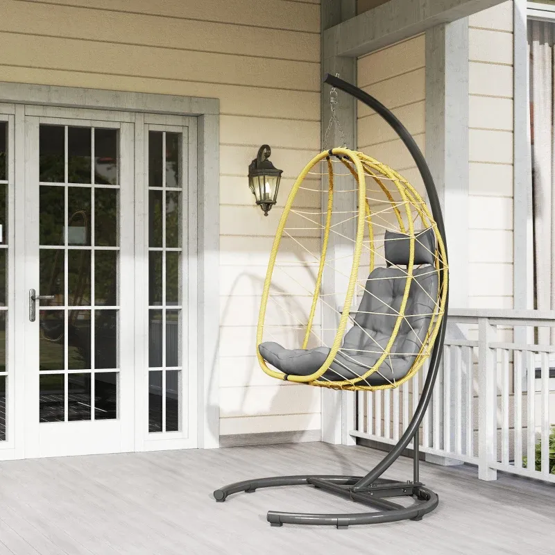 Hängesessel Kissen Stahl PE Rattan | Schwarz Grau Beige
