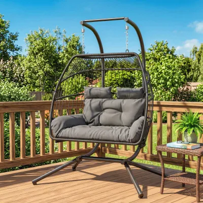Hängestuhl Faltbarer Korbstuhl Kissen Polyrattan Belastbar 260kg | Dunkelgrau