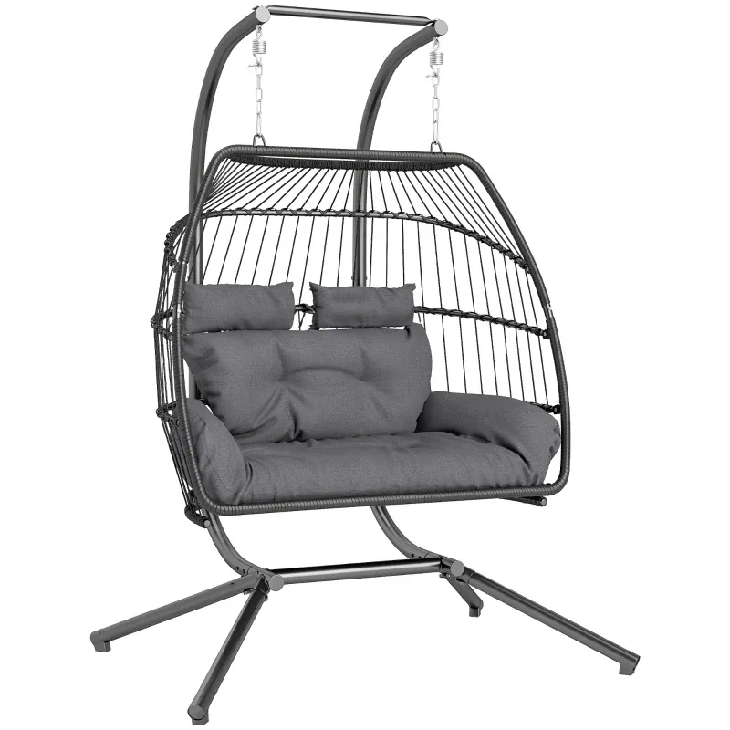 Hängestuhl Faltbarer Korbstuhl Kissen Polyrattan Belastbar 260kg | Dunkelgrau Hängestuhl Faltbarer Korbstuhl Kissen Polyrattan Belastbar 260kg | Dunkelgrau