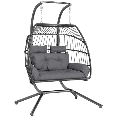 Hängestuhl Faltbarer Korbstuhl Kissen Polyrattan Belastbar 260kg | Dunkelgrau Hängestuhl Faltbarer Korbstuhl Kissen Polyrattan Belastbar 260kg | Dunkelgrau