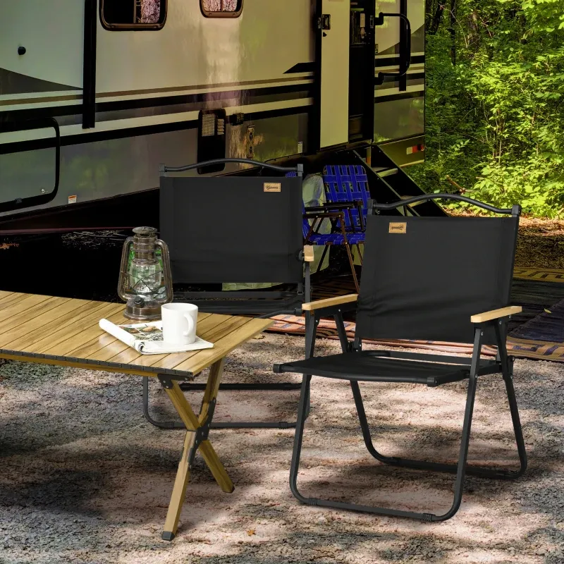 2er Set Campingstühle, Strandstuhl Faltbar Stahl Holzoptik | Schwarz