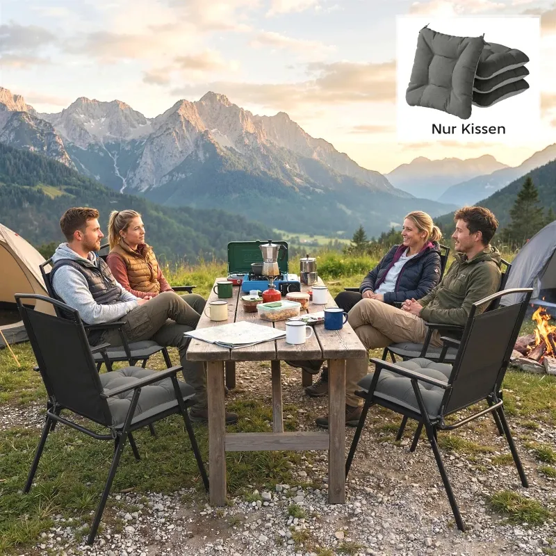 4er Set Sitzkissen 39,5x39,5x10cm Stuhlkissen Bänder Rutschfest | Dunkelgrau/Hellgrau