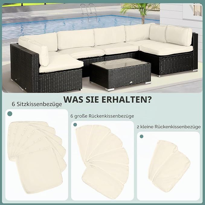 14 Ersatzbezüge Gartenmöbelkissen 6 Sitzkissenbezüge 8 Rückenkissenbezüge Reissverschluss Polyester | Beige