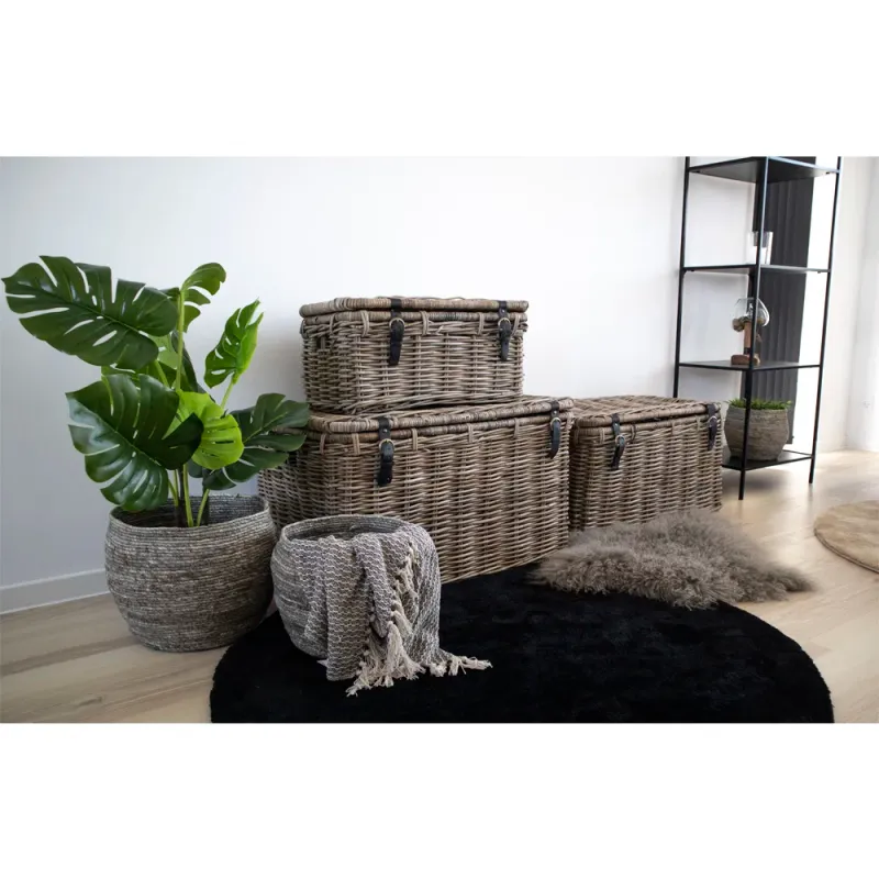 Depok Truhe Kubu-Rattan Ledergriff Grau 3er-Set