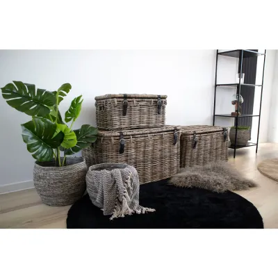 Depok Truhe Kubu-Rattan Ledergriff Grau 3er-Set
