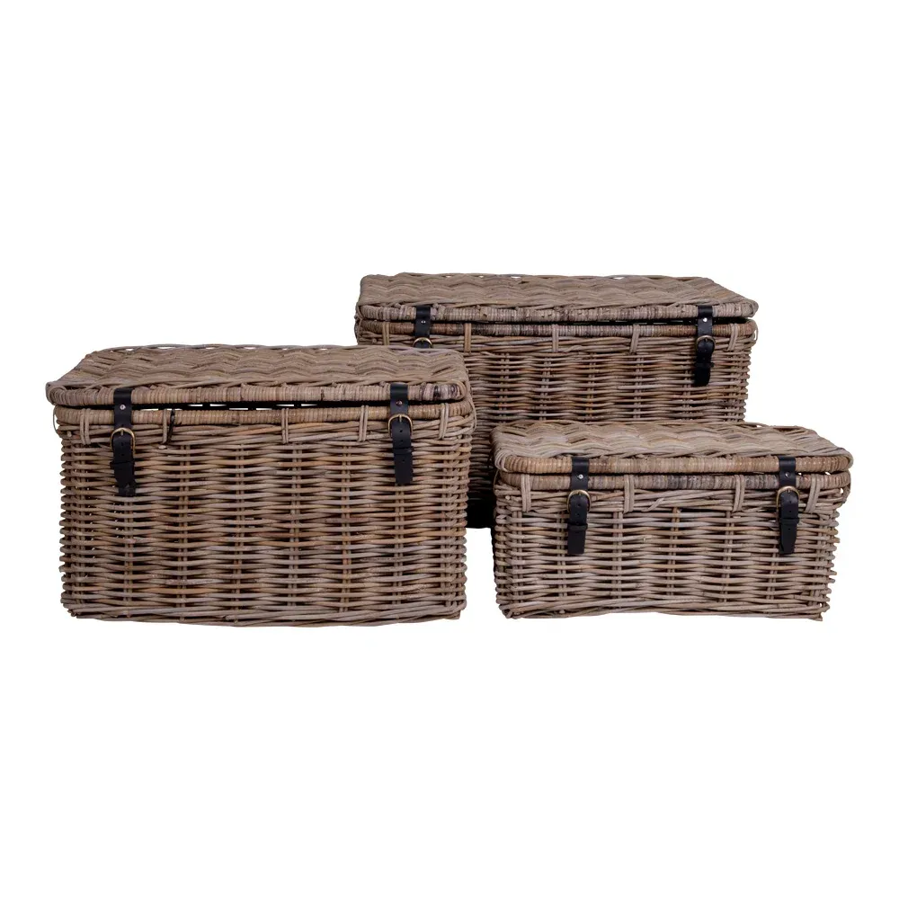 Depok Truhe Kubu-Rattan Ledergriff Grau 3er-Set