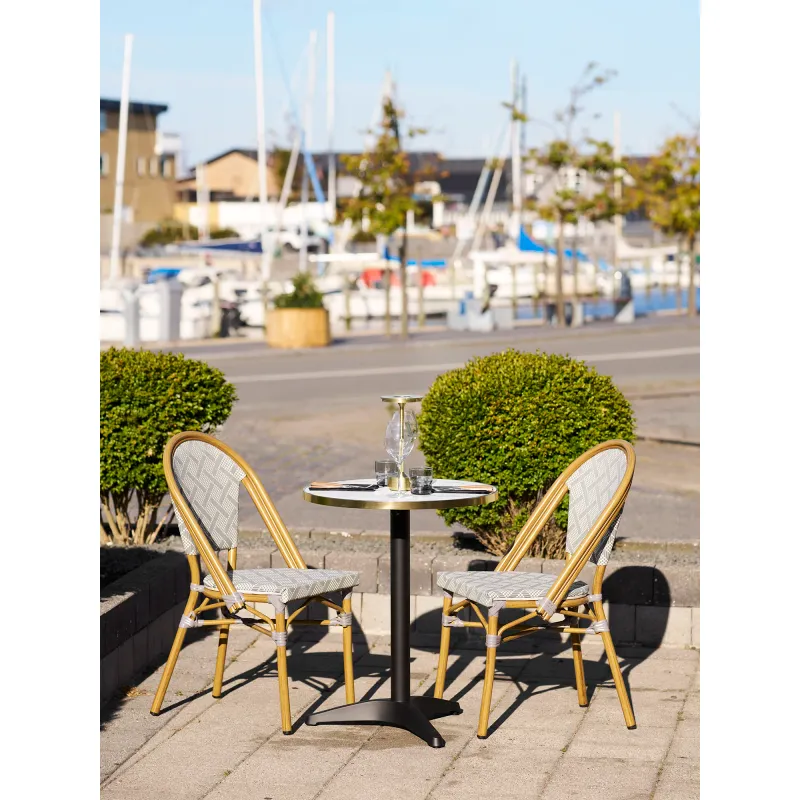 Bistrotisch Marmoroptik ø60x73 cm Weiss Goldene Kante Schwarze Beine Aluminium