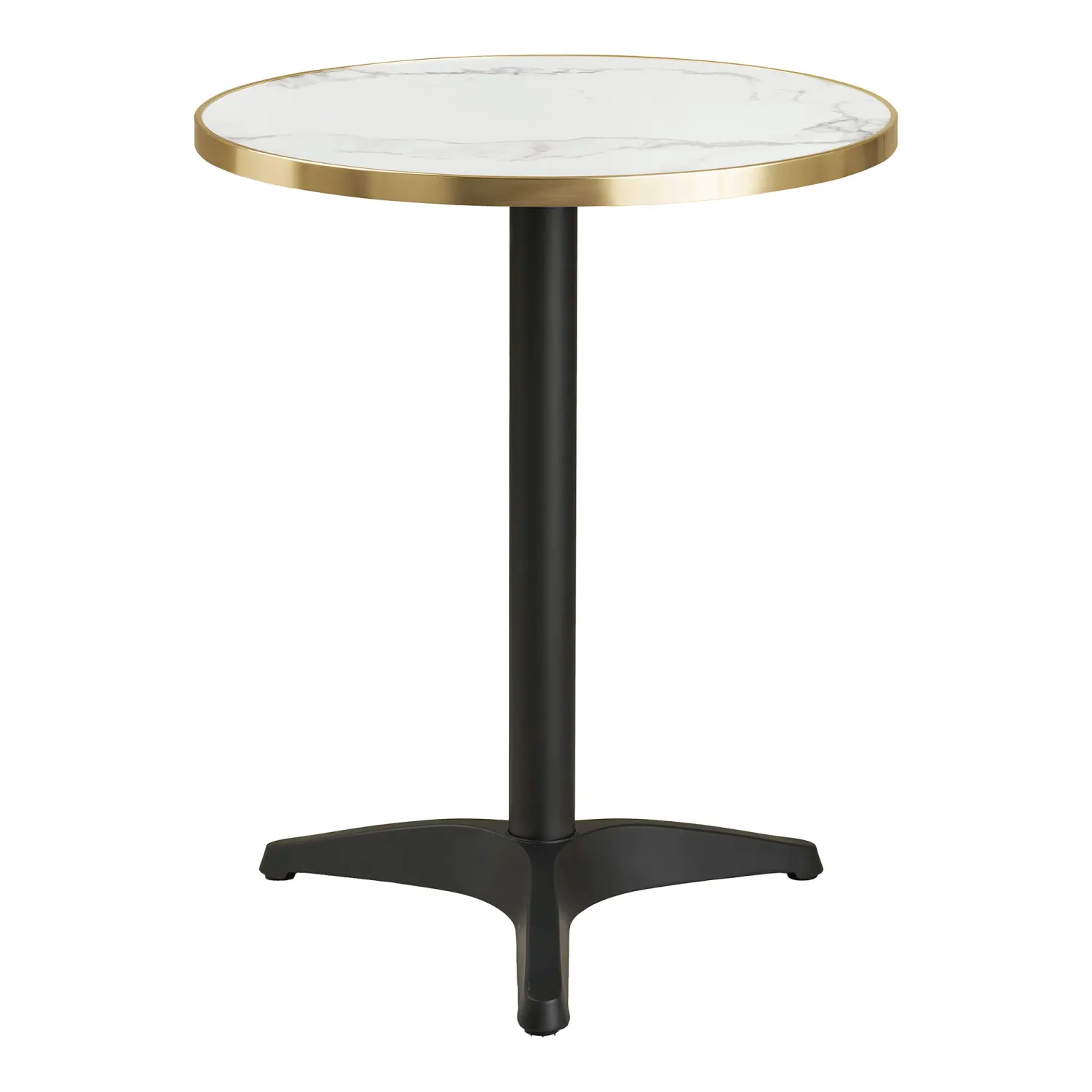 Bistrotisch Marmoroptik ø60x73 cm Weiss Goldene Kante Schwarze Beine Aluminium Runder Bistrotisch, weisse Marmoroptik, goldene Kante, schwarze Aluminiumbeine, Ø60x73cm. Elegant für Schweizer Balkone.