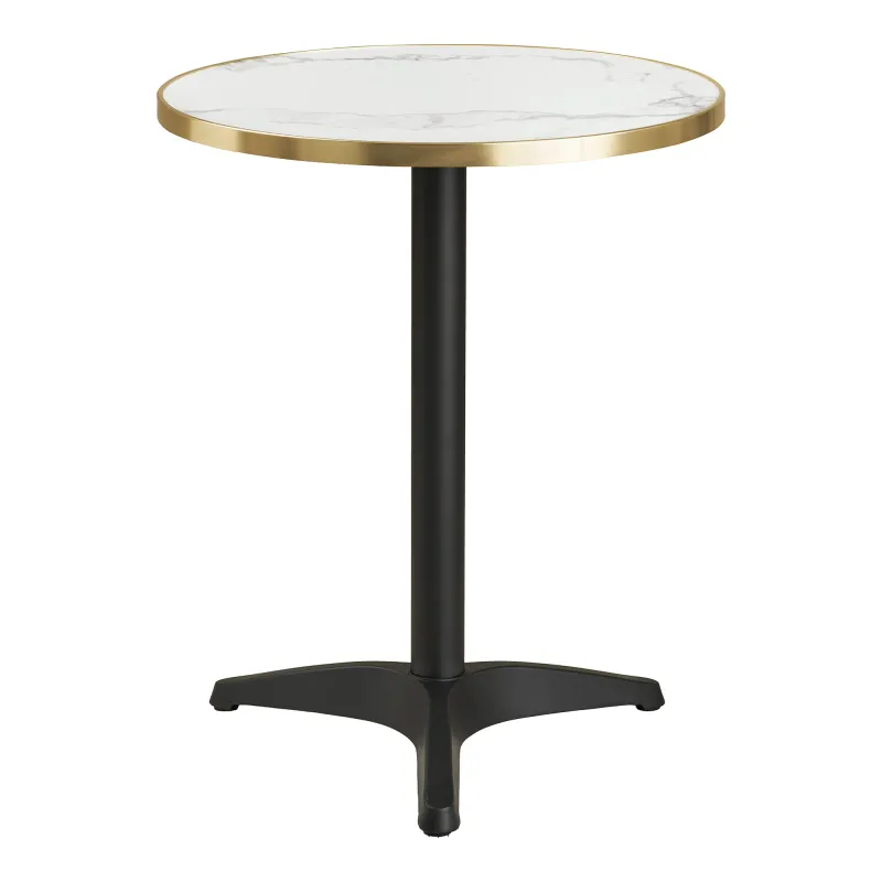 Bistrotisch Marmoroptik ø60x73 cm Weiss Goldene Kante Schwarze Beine Aluminium Runder Bistrotisch, weisse Marmoroptik, goldene Kante, schwarze Aluminiumbeine, Ø60x73cm. Elegant für Schweizer Balkone.