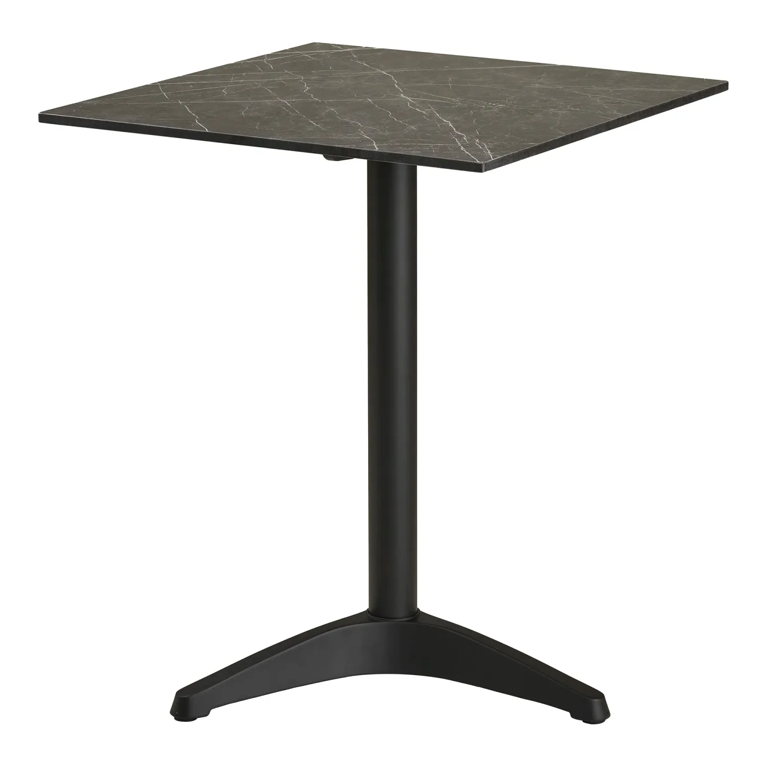 Bistrotisch Marmoroptik Dunkelgrau 60x60x73 cm Schwarzes Bein Aluminium Quadratischer Bistrotisch, dunkelgraue Marmoroptik, schwarze Aluminiumbeine, 60x60x73cm. Modern für Schweizer Balkone.