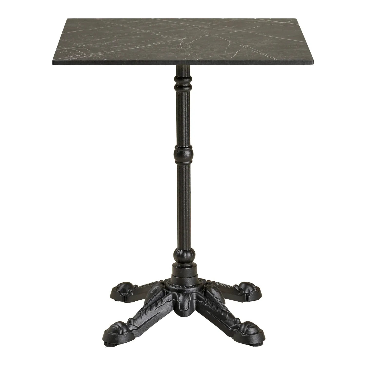 Quadratischer Bistrotisch, dunkelgraue Marmoroptik, schwarze Gusseisenbeine, 60x60x73cm. Klassisch für Schweizer Balkone.