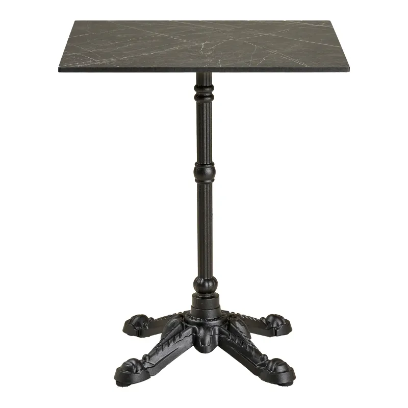 Bistrotisch Marmoroptik Dunkelgrau 60x60x73 cm Schwarzer Fuss Gusseisen Quadratischer Bistrotisch, dunkelgraue Marmoroptik, schwarze Gusseisenbeine, 60x60x73cm. Klassisch für Schweizer Balkone.