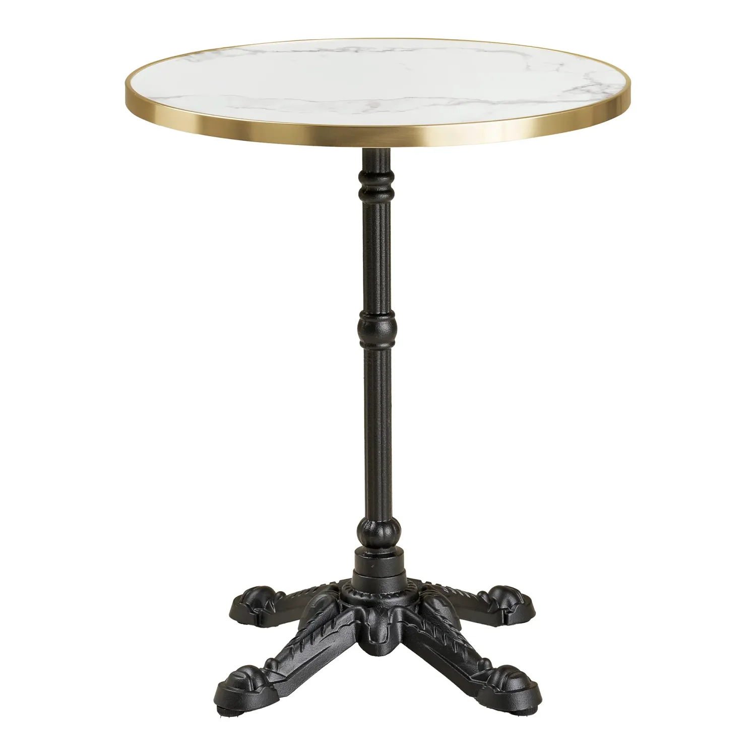 Runder Bistrotisch, weisse Marmoroptik, goldener Rand, schwarze Gusseisenbeine, Ø60x73cm. Klassisch für Schweizer Balkone.