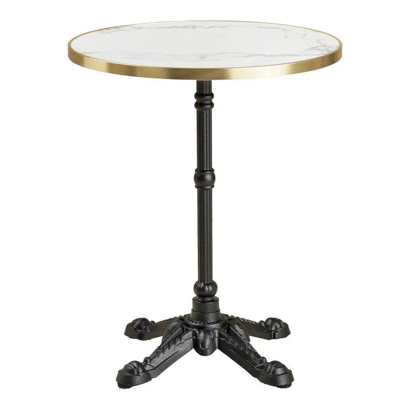 Bistrotisch Marmoroptik Weiss Goldener Rand ø60x73 cm Schwarze Beine Gusseisen Runder Bistrotisch, weisse Marmoroptik, goldener Rand, schwarze Gusseisenbeine, Ø60x73cm. Klassisch für Schweizer Balkone.
