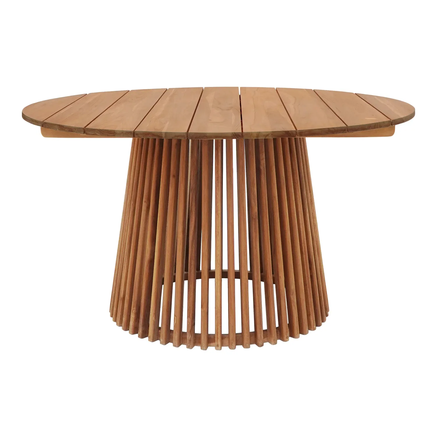 Lorca Esstisch ø120x75 cm Teakholz Rund | Natur Runder Lorca Esstisch aus Teakholz mit Latten-Sockel, Ø120x75cm. Elegant für Schweizer Gärten.