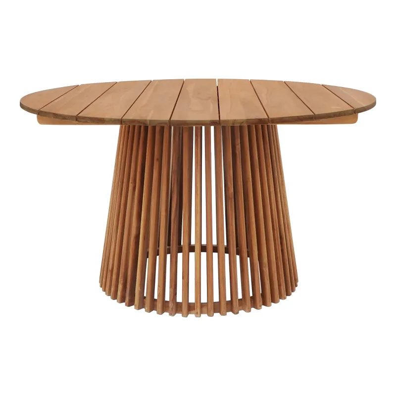 Lorca Esstisch ø120x75 cm Teakholz Rund | Natur Runder Lorca Esstisch aus Teakholz mit Latten-Sockel, Ø120x75cm. Elegant für Schweizer Gärten.