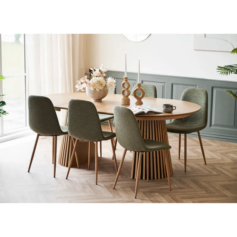 Essgruppe Osaka & Stockholm | Esstisch & 6 Stühle | Eiche/Dunkelgrün