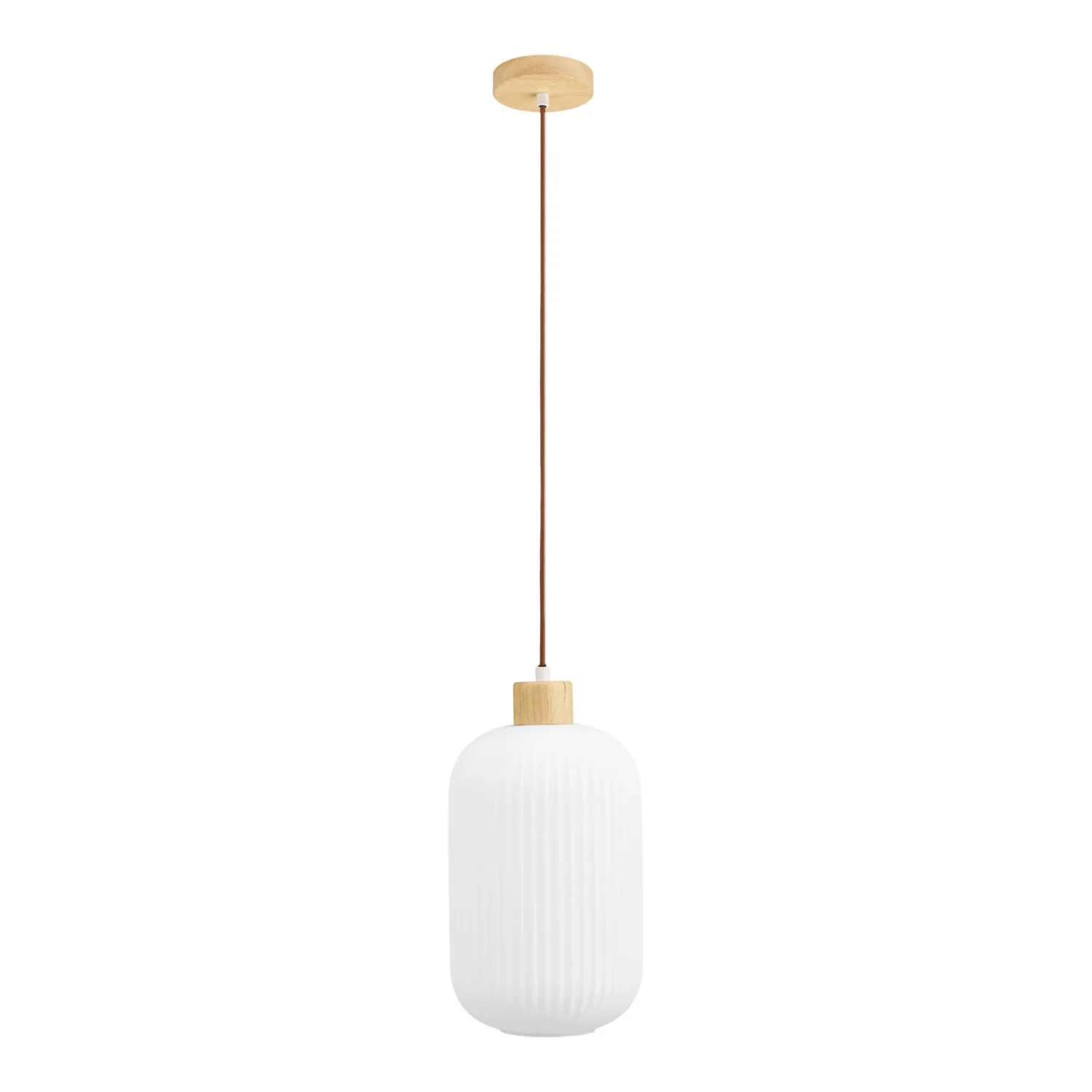 Argalo Pendelleuchte Glas/Holz Weiss Ø20x38 cm E27 Weisse Argalo Pendelleuchte mit geripptem Glas und Holzdetails, Ø20x38cm. Modernes Design für die Decke im Schweizer Zuhause.