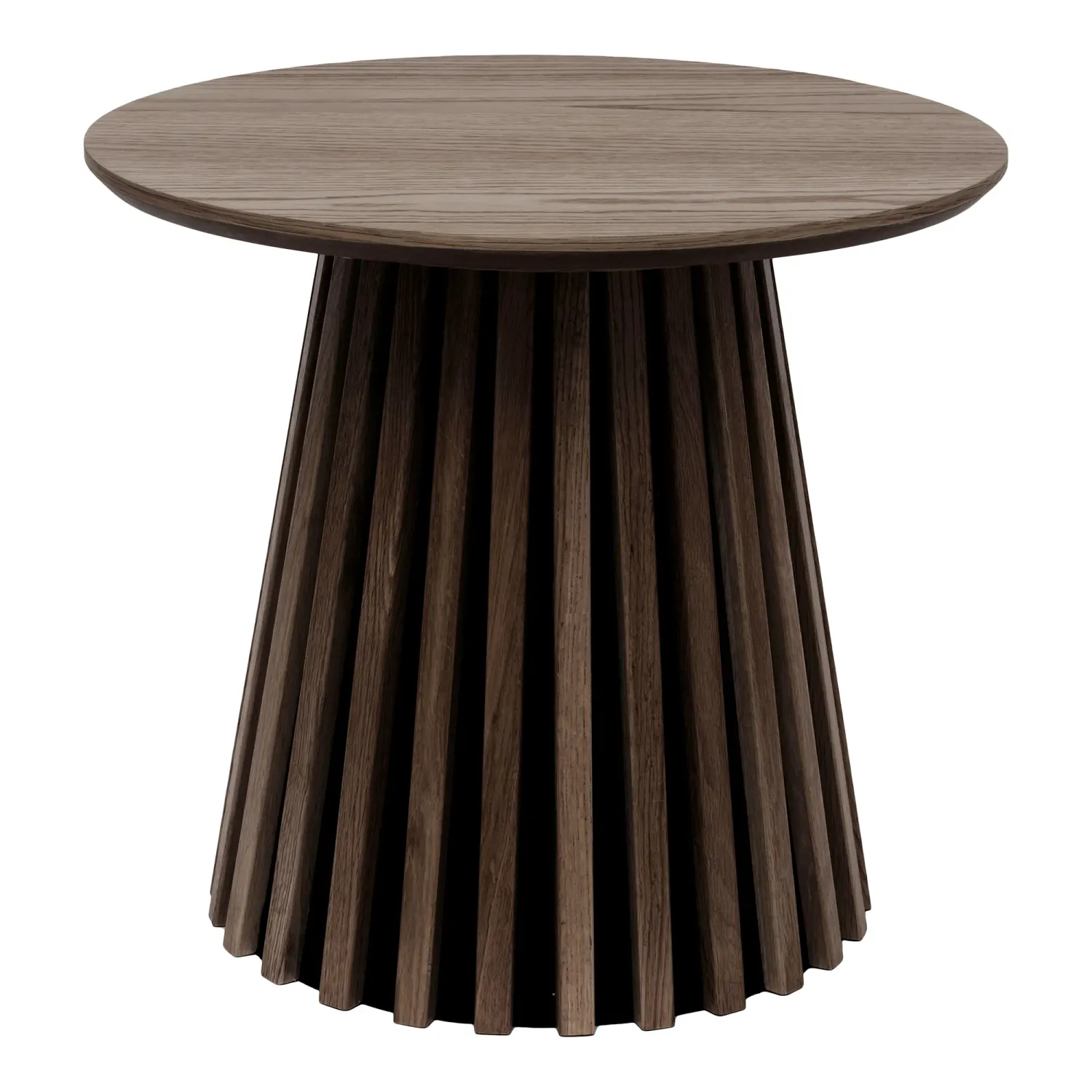 Osaka Beistelltisch rund Eichenfurnier Geräuchert Geriffelt Ø50x45 cm Runder Osaka Beistelltisch aus geräuchertem Eichenfurnier mit geriffeltem Sockel. Modernes Design für Schweizer Wohnräume.